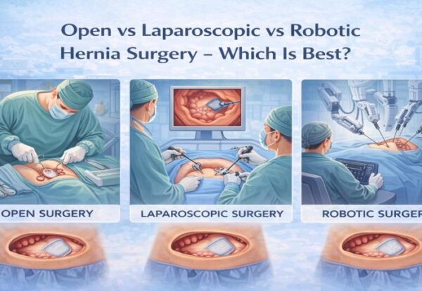 Open vs laparoscopic vs robotic hernia surgery comparison showing incision size and recovery differences
