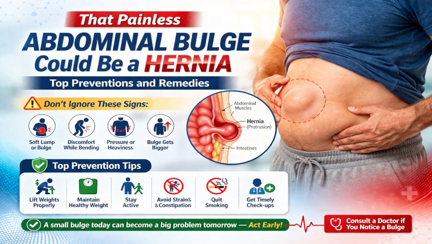 Painless abdominal bulge indicating early hernia symptoms explained by Dr. Pinak Dasgupta